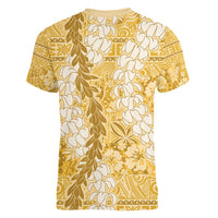 Gold Puakenikeni and Maile Lei Women V-Neck T-Shirt Hawaiian Style Tribal Tapa Double Strand Lei LT9 - Polynesian Pride