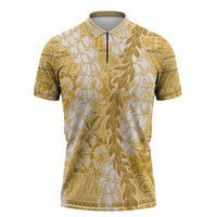 Gold Puakenikeni and Maile Lei Zipper Polo Shirt Hawaiian Style Tribal Tapa Double Strand Lei - Polynesian Pride