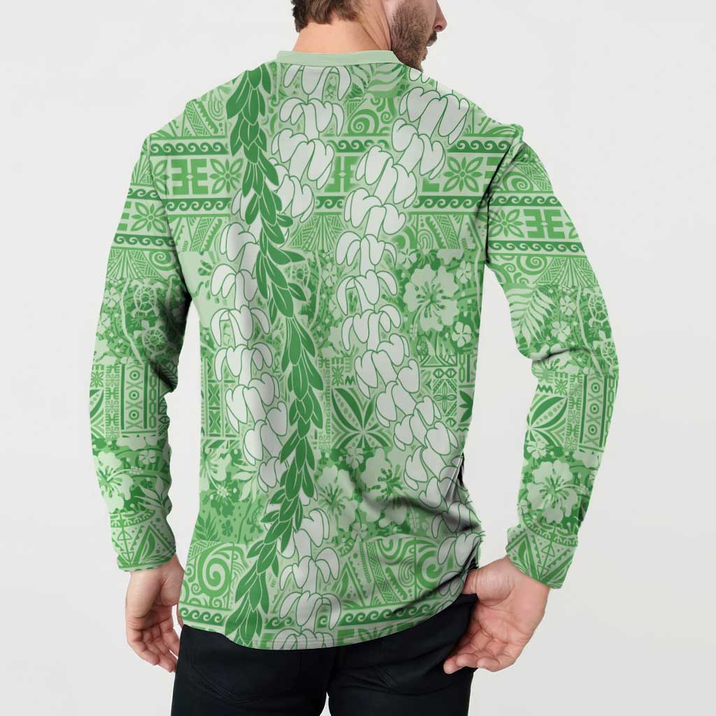 Green Puakenikeni and Maile Lei Button Sweatshirt Hawaiian Style Tribal Tapa Double Strand Lei