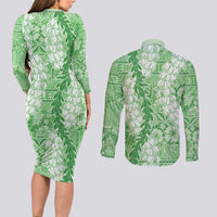Green Puakenikeni and Maile Lei Couples Matching Long Sleeve Bodycon Dress and Long Sleeve Button Shirt Hawaiian Style Tribal Tapa Double Strand Lei LT9 - Polynesian Pride