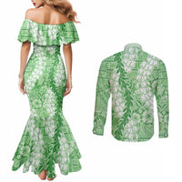 Green Puakenikeni and Maile Lei Couples Matching Mermaid Dress and Long Sleeve Button Shirt Hawaiian Style Tribal Tapa Double Strand Lei LT9 - Polynesian Pride