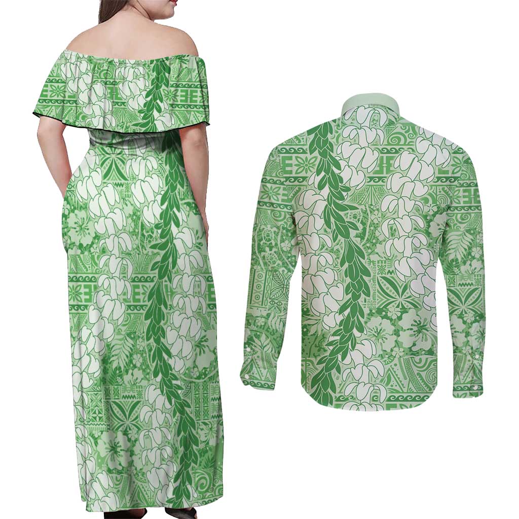 Green Puakenikeni and Maile Lei Couples Matching Off Shoulder Maxi Dress and Long Sleeve Button Shirt Hawaiian Style Tribal Tapa Double Strand Lei LT9 - Polynesian Pride