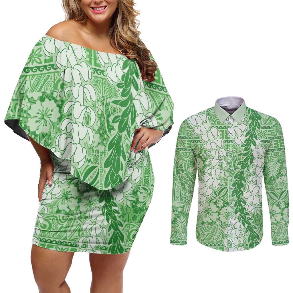Green Puakenikeni and Maile Lei Couples Matching Off Shoulder Short Dress and Long Sleeve Button Shirt Hawaiian Style Tribal Tapa Double Strand Lei LT9 Green - Polynesian Pride