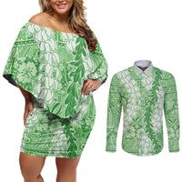 Green Puakenikeni and Maile Lei Couples Matching Off Shoulder Short Dress and Long Sleeve Button Shirt Hawaiian Style Tribal Tapa Double Strand Lei LT9 Green - Polynesian Pride