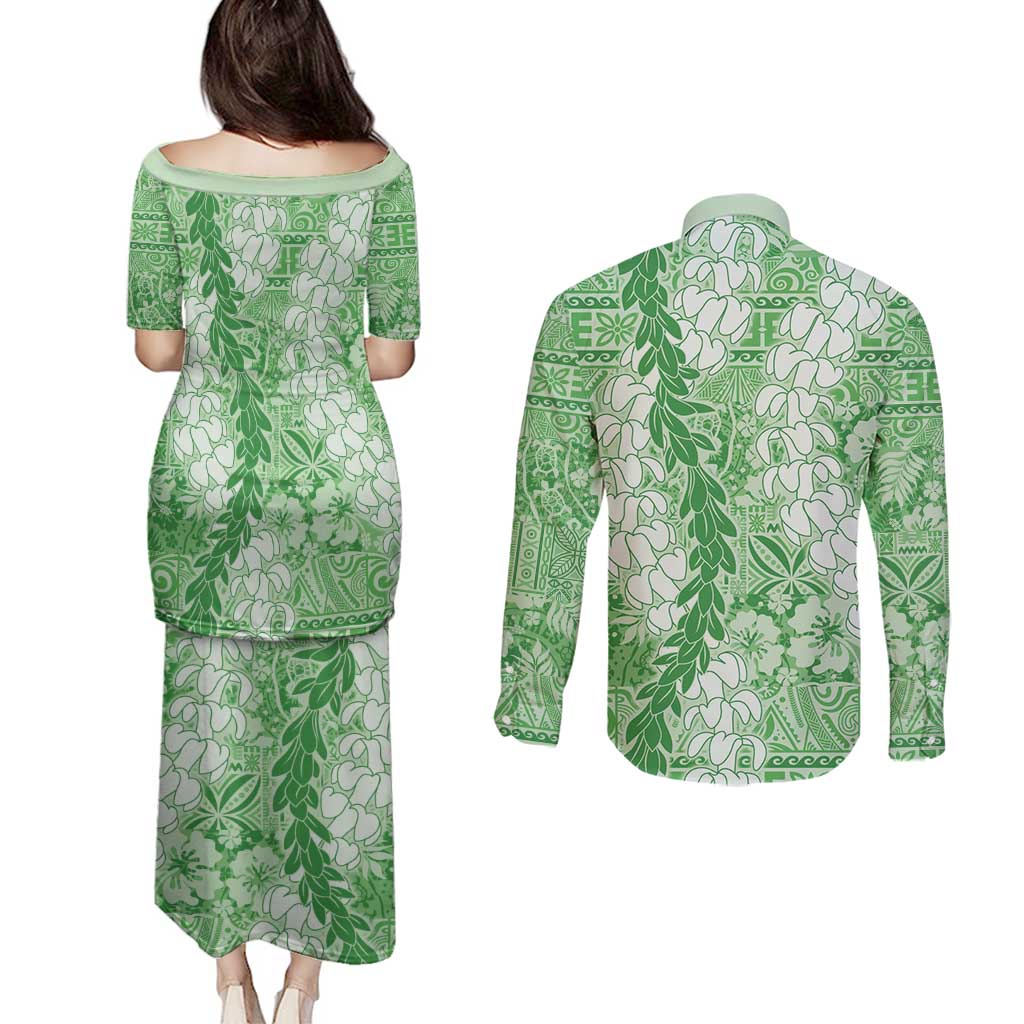 Green Puakenikeni and Maile Lei Couples Matching Puletasi and Long Sleeve Button Shirt Hawaiian Style Tribal Tapa Double Strand Lei LT9 - Polynesian Pride