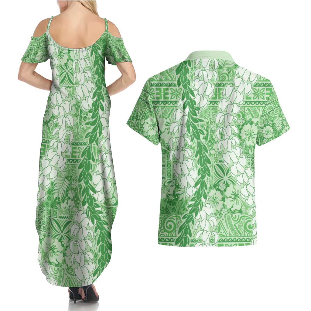 Green Puakenikeni and Maile Lei Couples Matching Summer Maxi Dress and Hawaiian Shirt Hawaiian Style Tribal Tapa Double Strand Lei LT9 - Polynesian Pride