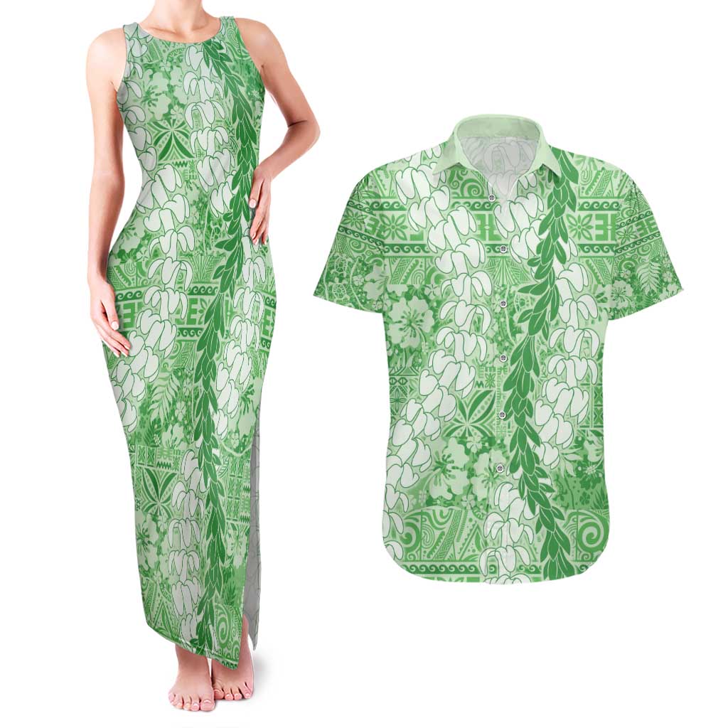 Green Puakenikeni and Maile Lei Couples Matching Tank Maxi Dress and Hawaiian Shirt Hawaiian Style Tribal Tapa Double Strand Lei LT9 Green - Polynesian Pride