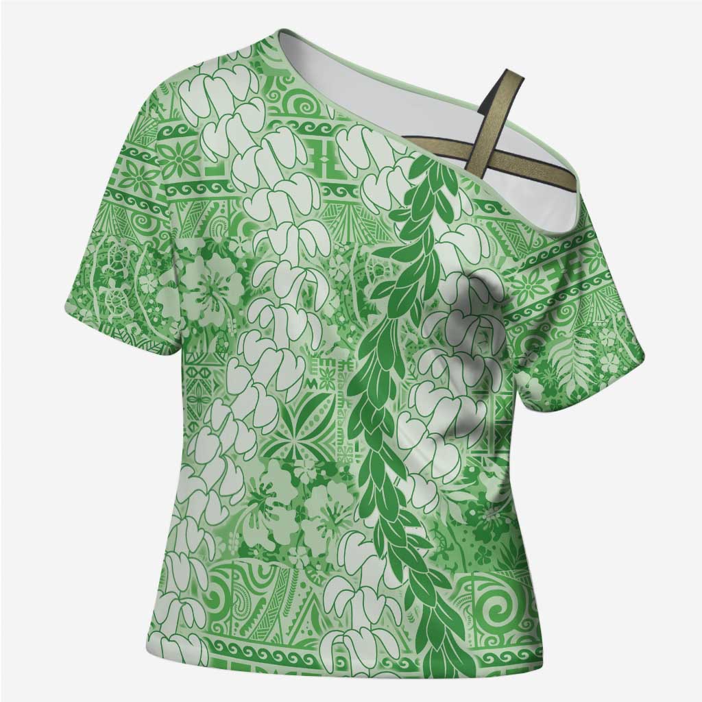 Green Puakenikeni and Maile Lei Cross Shoulder Shirt Hawaiian Style Tribal Tapa Double Strand Lei LT9 Female Green - Polynesian Pride
