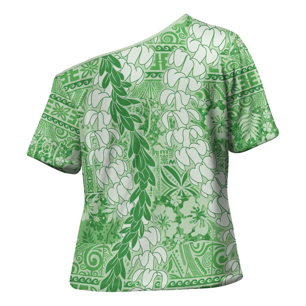 Green Puakenikeni and Maile Lei Cross Shoulder Shirt Hawaiian Style Tribal Tapa Double Strand Lei LT9 - Polynesian Pride