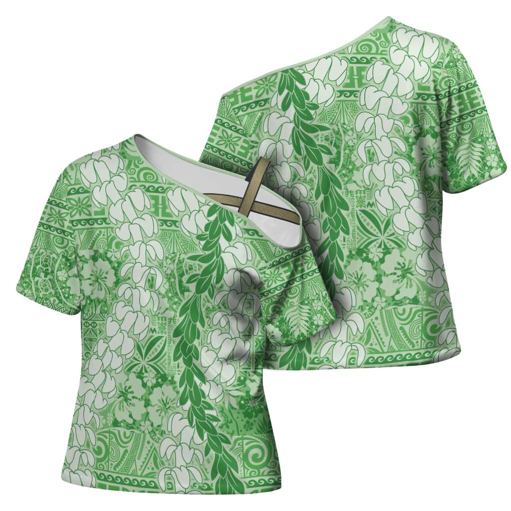 Green Puakenikeni and Maile Lei Cross Shoulder Shirt Hawaiian Style Tribal Tapa Double Strand Lei LT9 - Polynesian Pride