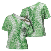 Green Puakenikeni and Maile Lei Cross Shoulder Shirt Hawaiian Style Tribal Tapa Double Strand Lei LT9 - Polynesian Pride