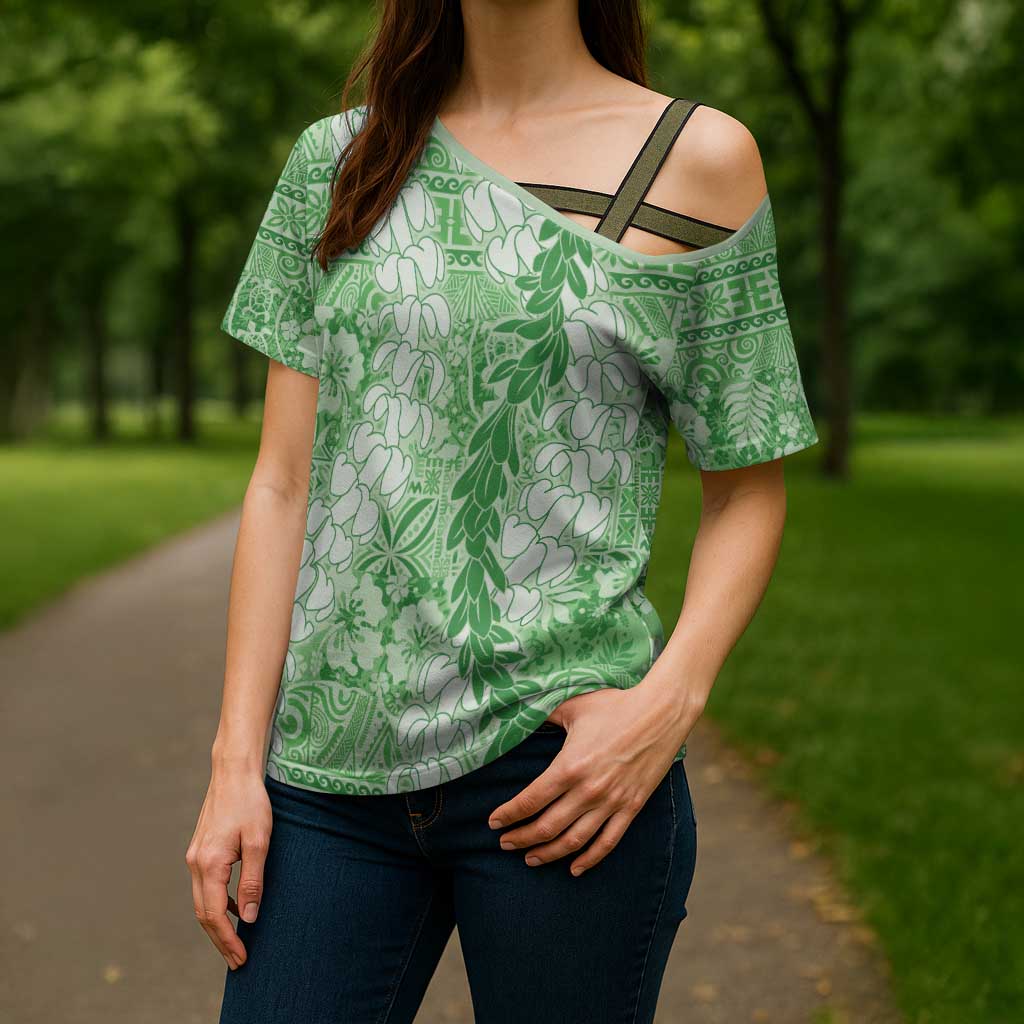 Green Puakenikeni and Maile Lei Cross Shoulder Shirt Hawaiian Style Tribal Tapa Double Strand Lei LT9 - Polynesian Pride