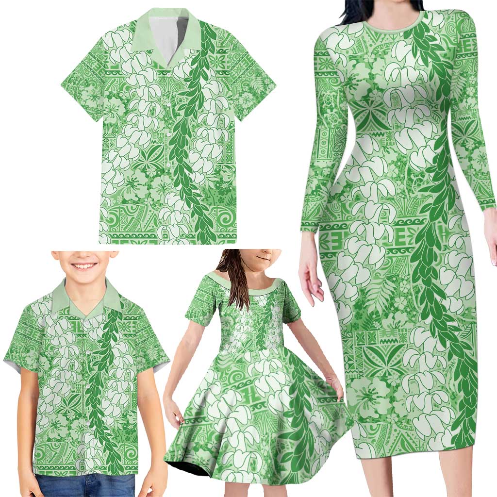 Green Puakenikeni and Maile Lei Family Matching Long Sleeve Bodycon Dress and Hawaiian Shirt Hawaiian Style Tribal Tapa Double Strand Lei LT9 - Polynesian Pride