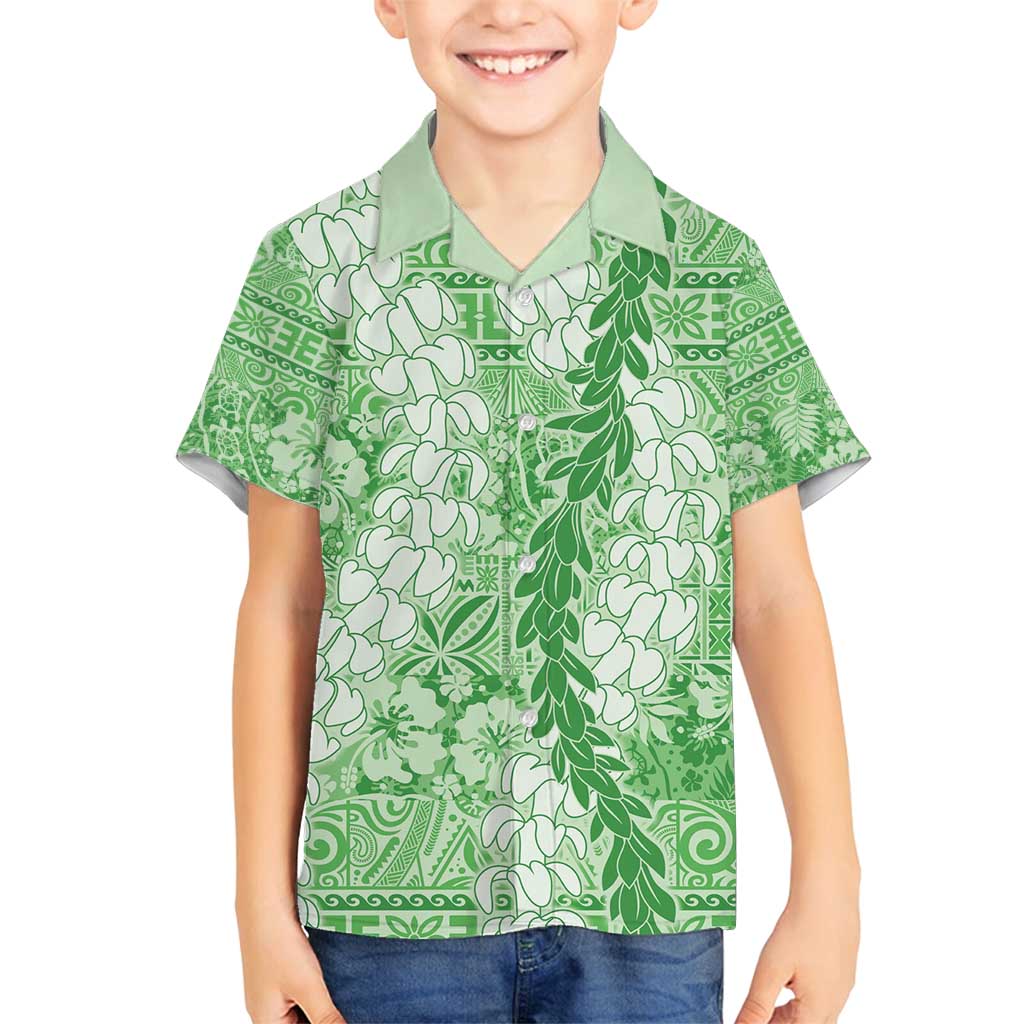 Green Puakenikeni and Maile Lei Family Matching Long Sleeve Bodycon Dress and Hawaiian Shirt Hawaiian Style Tribal Tapa Double Strand Lei LT9 Son's Shirt Green - Polynesian Pride