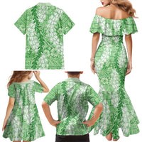 Green Puakenikeni and Maile Lei Family Matching Mermaid Dress and Hawaiian Shirt Hawaiian Style Tribal Tapa Double Strand Lei LT9 - Polynesian Pride