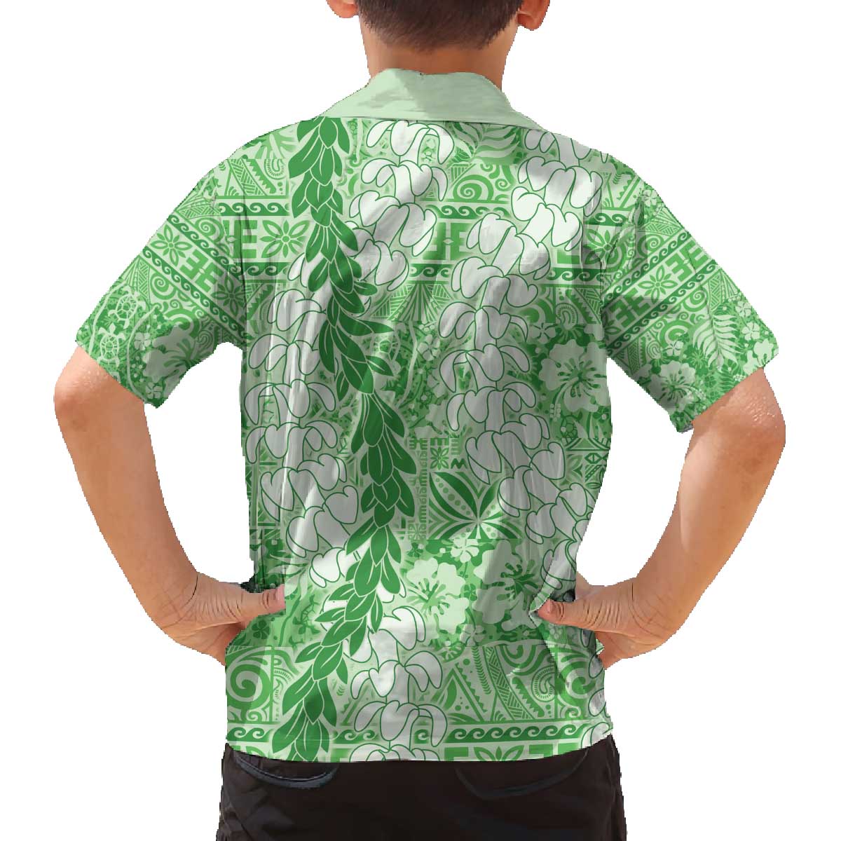 Green Puakenikeni and Maile Lei Family Matching Off The Shoulder Long Sleeve Dress and Hawaiian Shirt Hawaiian Style Tribal Tapa Double Strand Lei LT9 - Polynesian Pride