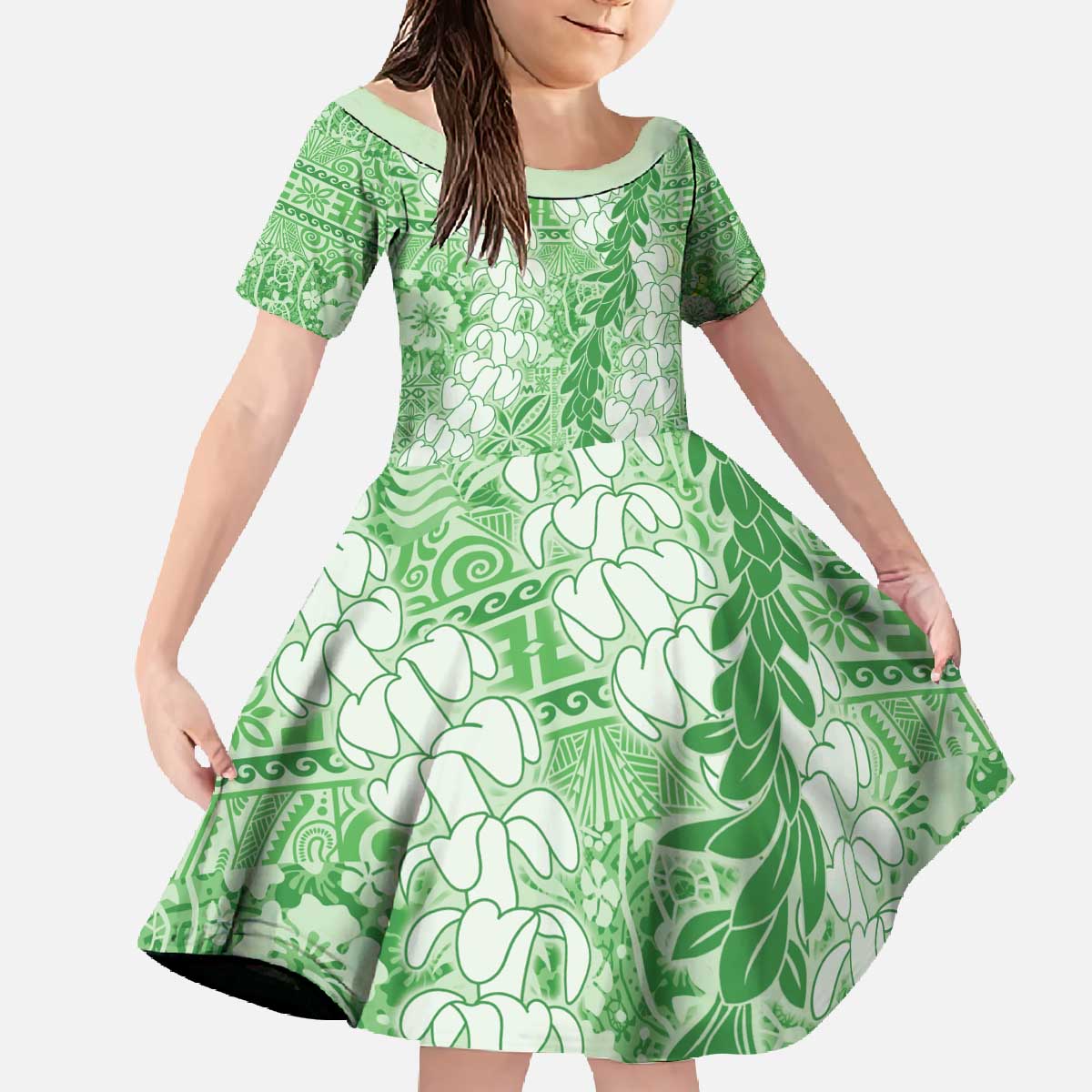 Green Puakenikeni and Maile Lei Family Matching Off The Shoulder Long Sleeve Dress and Hawaiian Shirt Hawaiian Style Tribal Tapa Double Strand Lei LT9 Daughter's Dress Green - Polynesian Pride
