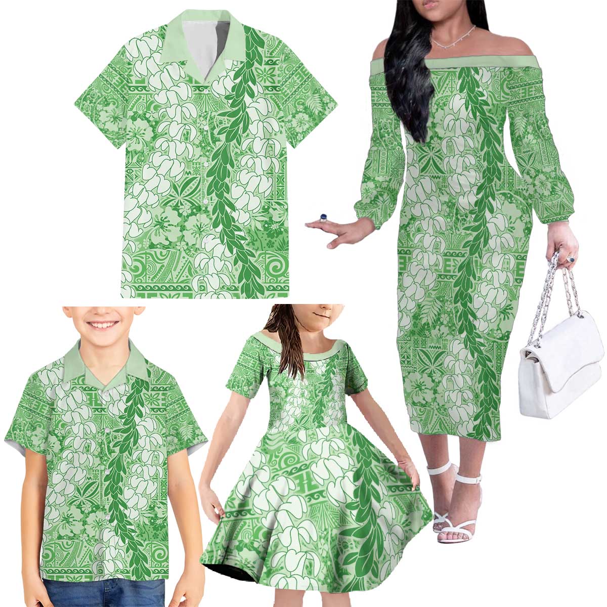 Green Puakenikeni and Maile Lei Family Matching Off The Shoulder Long Sleeve Dress and Hawaiian Shirt Hawaiian Style Tribal Tapa Double Strand Lei LT9 - Polynesian Pride
