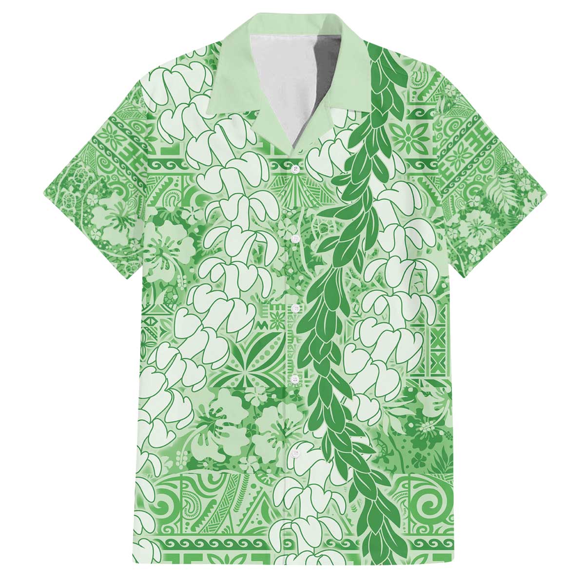 Green Puakenikeni and Maile Lei Family Matching Off The Shoulder Long Sleeve Dress and Hawaiian Shirt Hawaiian Style Tribal Tapa Double Strand Lei LT9 Dad's Shirt - Short Sleeve Green - Polynesian Pride