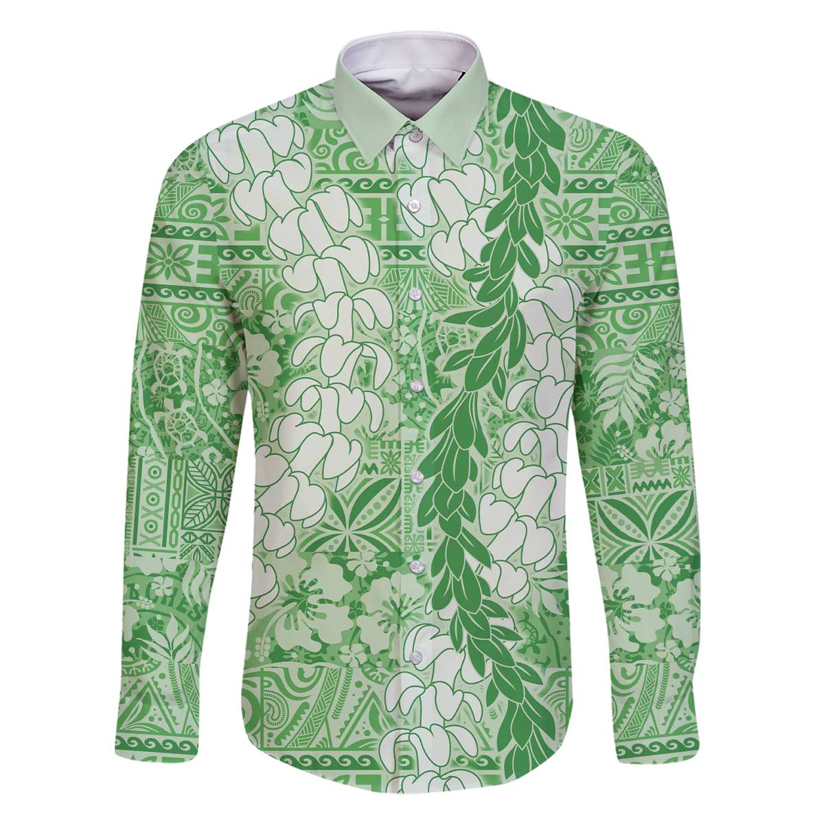 Green Puakenikeni and Maile Lei Family Matching Off The Shoulder Long Sleeve Dress and Hawaiian Shirt Hawaiian Style Tribal Tapa Double Strand Lei LT9 Dad's Shirt - Long Sleeve Green - Polynesian Pride