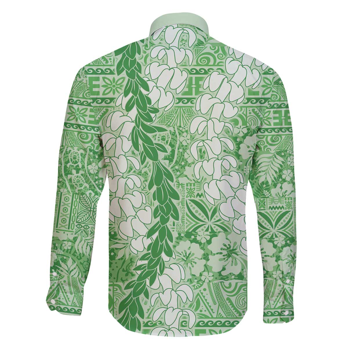 Green Puakenikeni and Maile Lei Family Matching Off The Shoulder Long Sleeve Dress and Hawaiian Shirt Hawaiian Style Tribal Tapa Double Strand Lei LT9 - Polynesian Pride