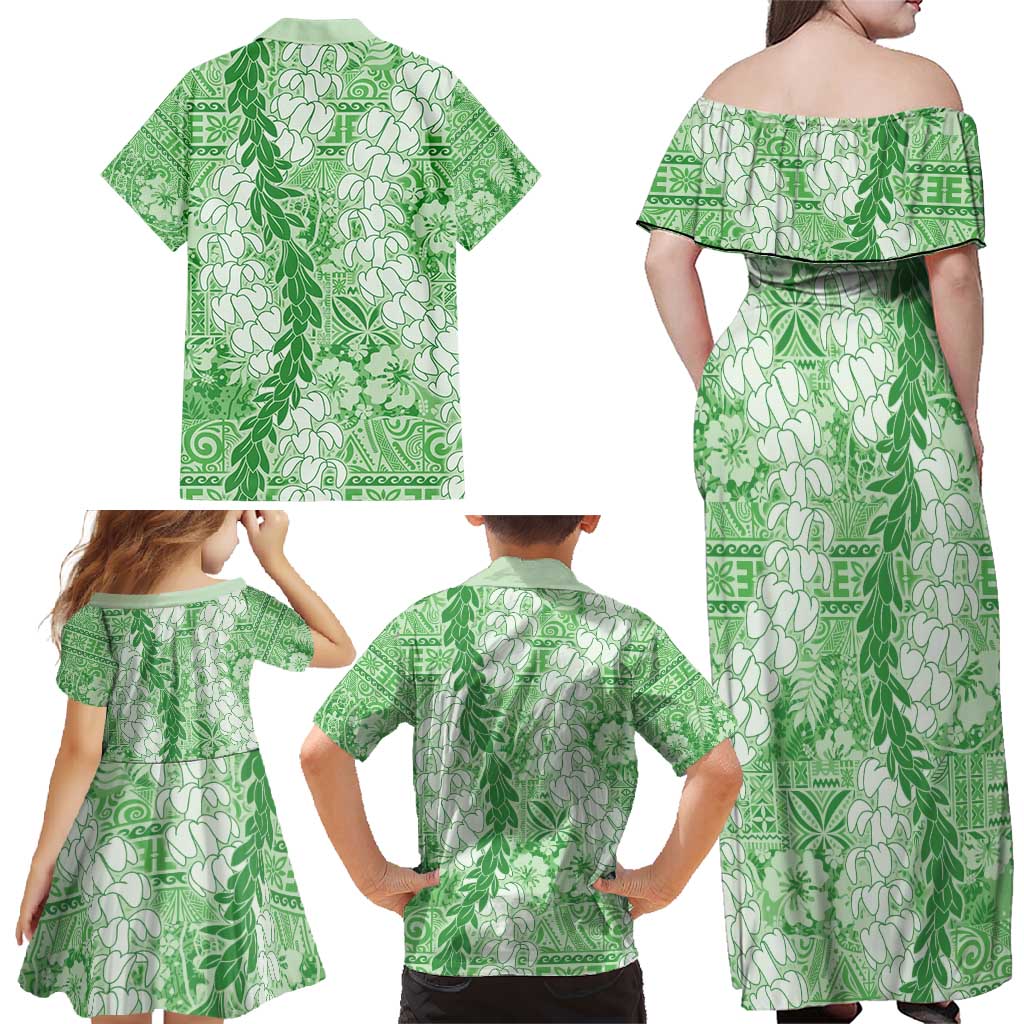 Green Puakenikeni and Maile Lei Family Matching Off Shoulder Maxi Dress and Hawaiian Shirt Hawaiian Style Tribal Tapa Double Strand Lei