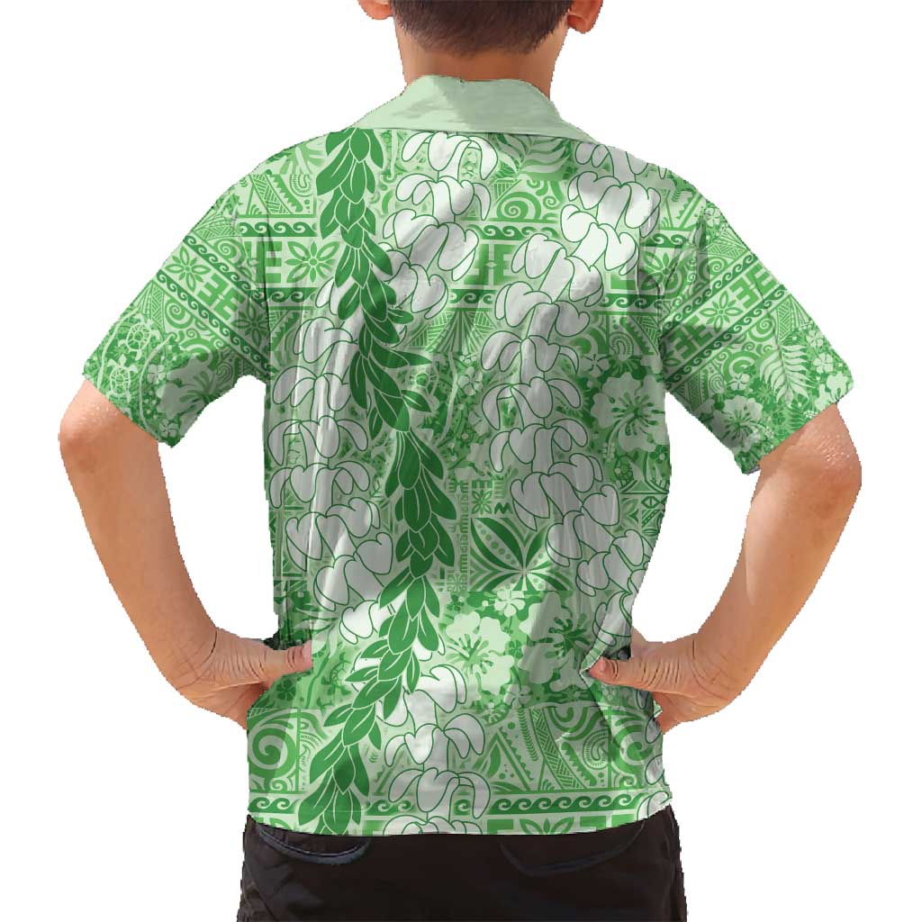 Green Puakenikeni and Maile Lei Family Matching Off Shoulder Short Dress and Hawaiian Shirt Hawaiian Style Tribal Tapa Double Strand Lei LT9 - Polynesian Pride