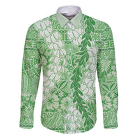 Green Puakenikeni and Maile Lei Family Matching Off Shoulder Short Dress and Hawaiian Shirt Hawaiian Style Tribal Tapa Double Strand Lei LT9 Dad's Shirt - Long Sleeve Green - Polynesian Pride