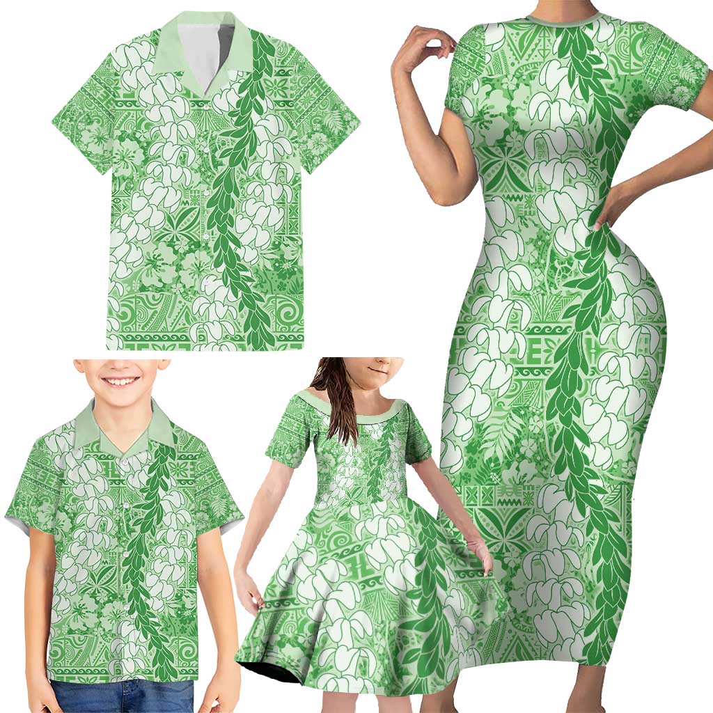 Green Puakenikeni and Maile Lei Family Matching Short Sleeve Bodycon Dress and Hawaiian Shirt Hawaiian Style Tribal Tapa Double Strand Lei LT9 - Polynesian Pride