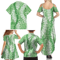 Green Puakenikeni and Maile Lei Family Matching Summer Maxi Dress and Hawaiian Shirt Hawaiian Style Tribal Tapa Double Strand Lei