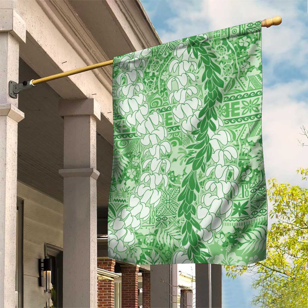 Green Puakenikeni and Maile Lei Garden Flag Hawaiian Style Tribal Tapa Double Strand Lei LT9 House Flag Green - Polynesian Pride
