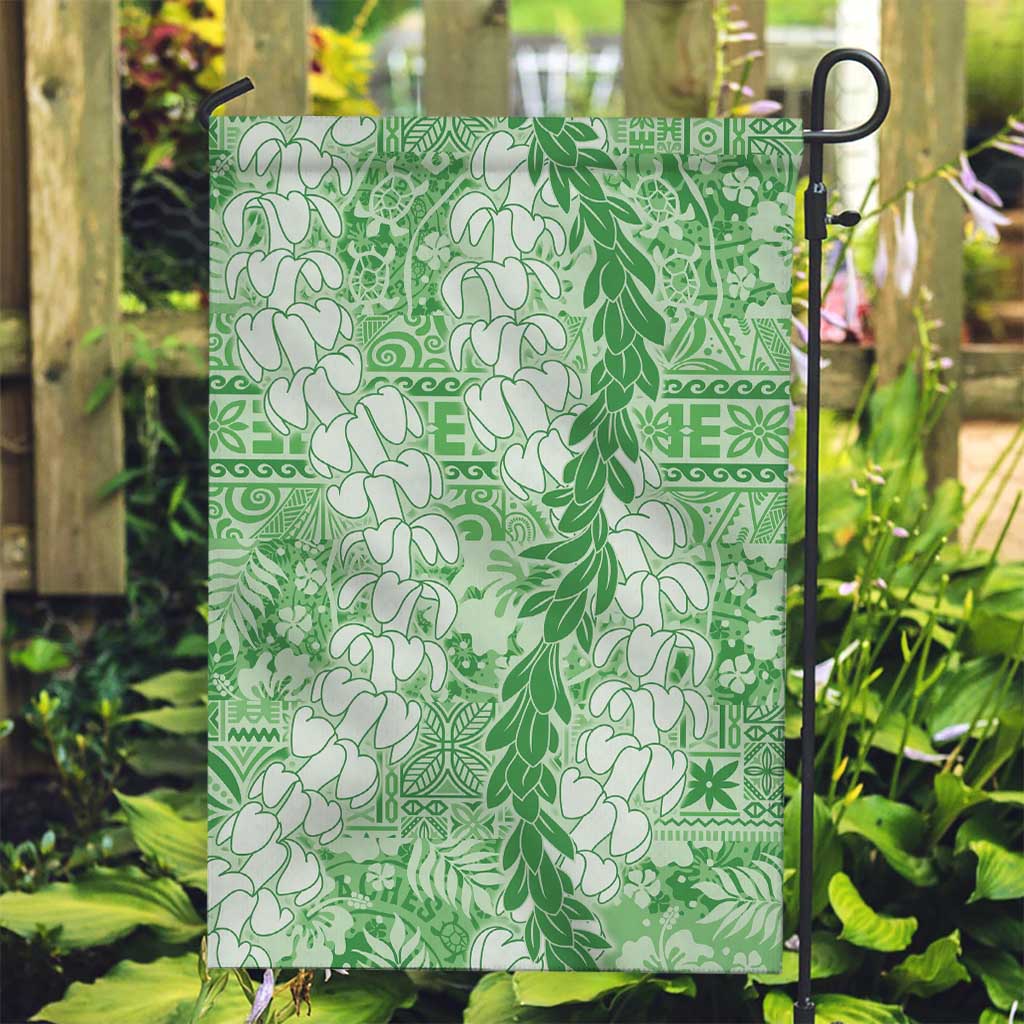 Green Puakenikeni and Maile Lei Garden Flag Hawaiian Style Tribal Tapa Double Strand Lei LT9 Garden Flag Green - Polynesian Pride