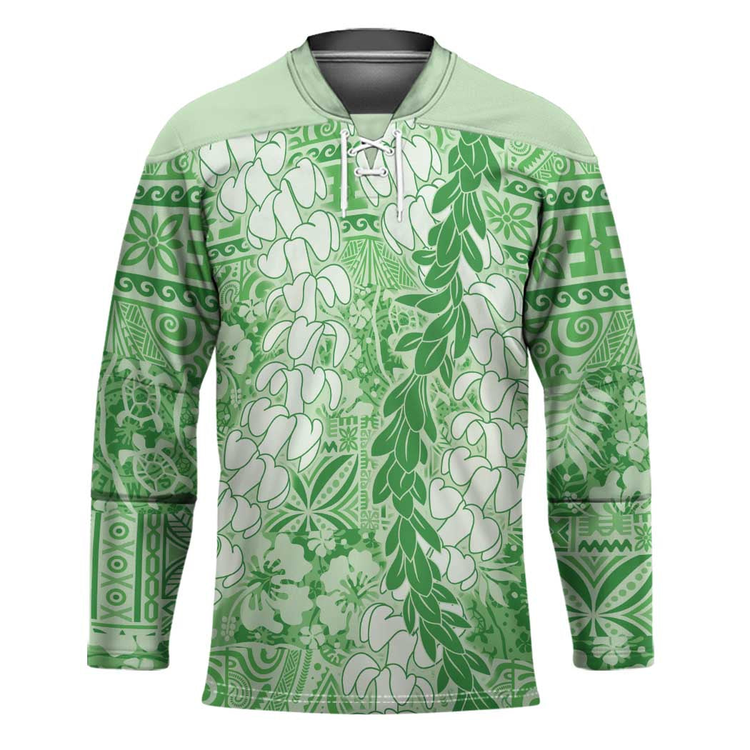 Green Puakenikeni and Maile Lei Hockey Jersey Hawaiian Style Tribal Tapa Double Strand Lei LT9 Unisex Green - Polynesian Pride