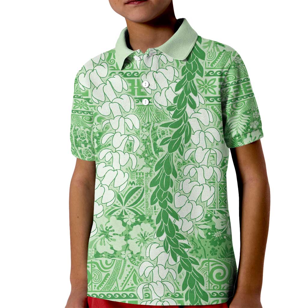 Green Puakenikeni and Maile Lei Kid Polo Shirt Hawaiian Style Tribal Tapa Double Strand Lei