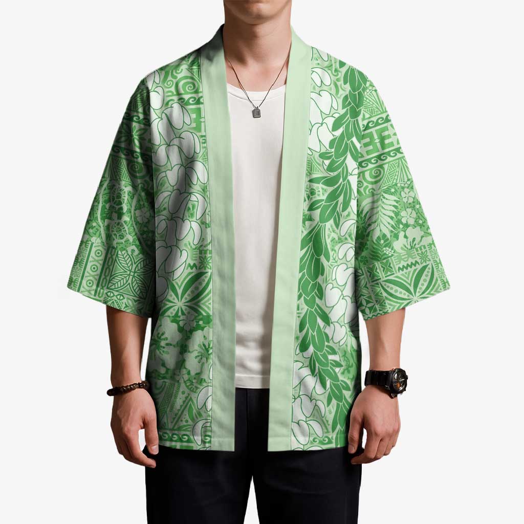 Green Puakenikeni and Maile Lei Kimono Hawaiian Style Tribal Tapa Double Strand Lei - Polynesian Pride