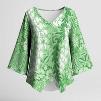 Green Puakenikeni and Maile Lei Kimono Sleeve Blouse Hawaiian Style Tribal Tapa Double Strand Lei - Polynesian Pride