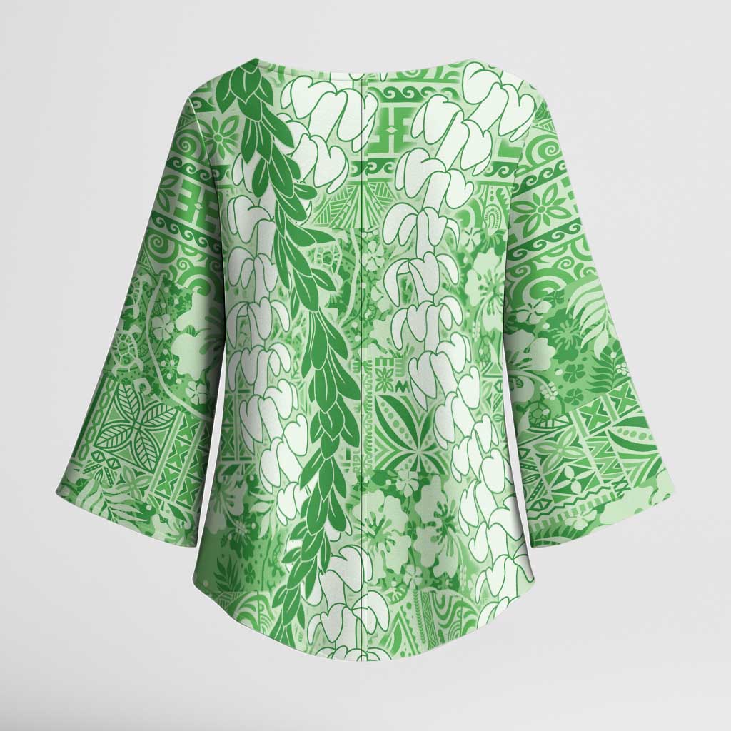 Green Puakenikeni and Maile Lei Kimono Sleeve Blouse Hawaiian Style Tribal Tapa Double Strand Lei - Polynesian Pride