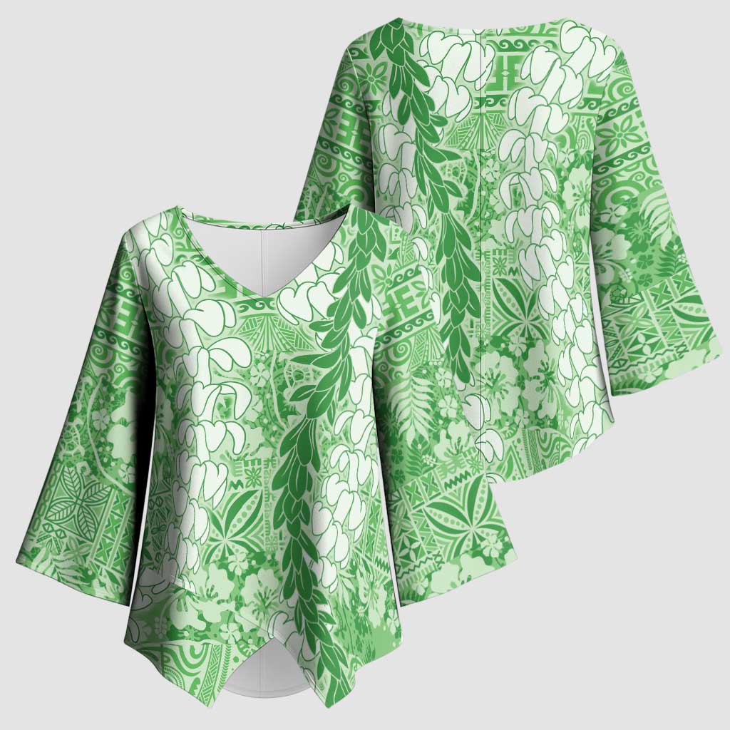 Green Puakenikeni and Maile Lei Kimono Sleeve Blouse Hawaiian Style Tribal Tapa Double Strand Lei - Polynesian Pride