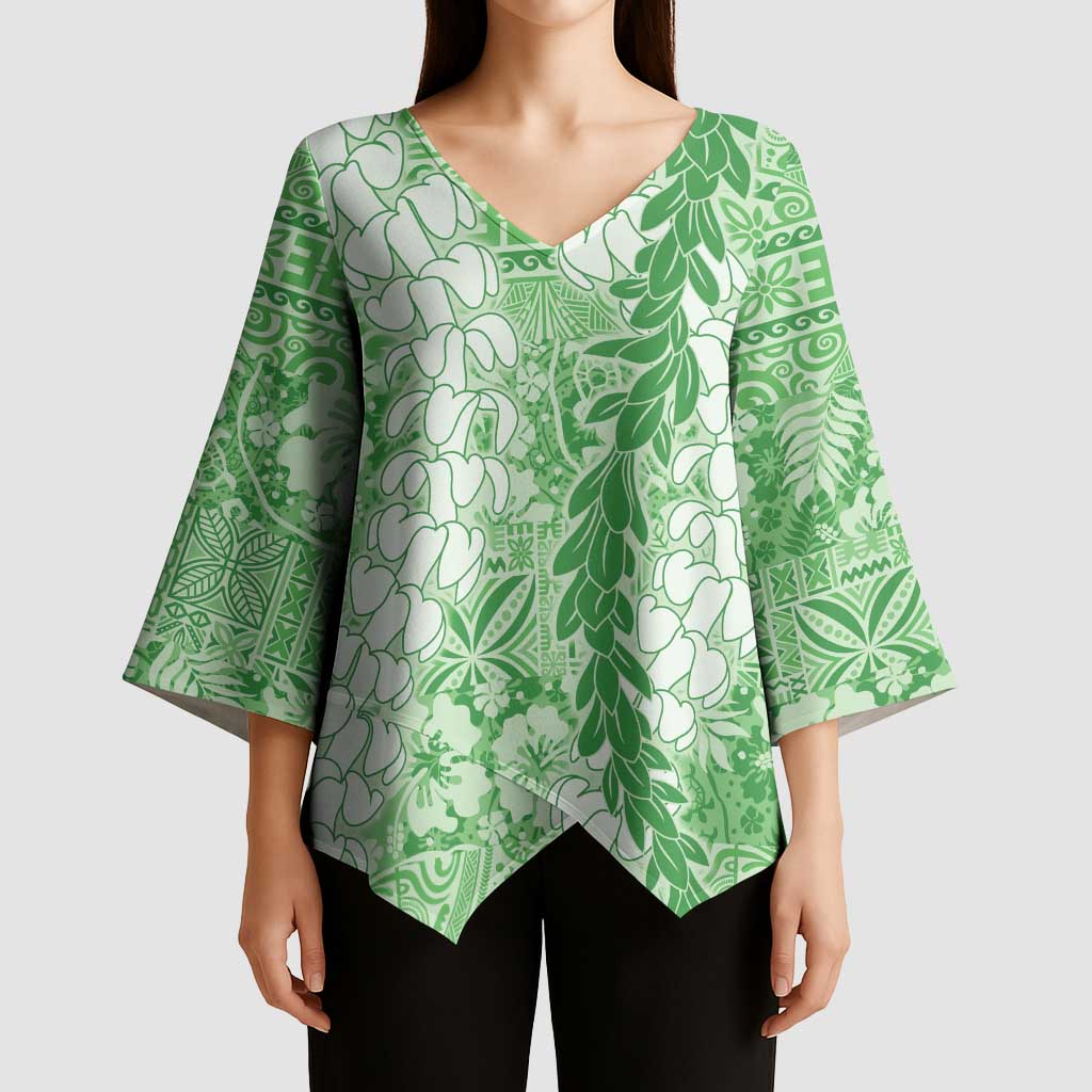 Green Puakenikeni and Maile Lei Kimono Sleeve Blouse Hawaiian Style Tribal Tapa Double Strand Lei - Polynesian Pride