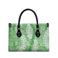 Green Puakenikeni and Maile Lei Leather Bag Hawaiian Style Tribal Tapa Double Strand Lei - Polynesian Pride