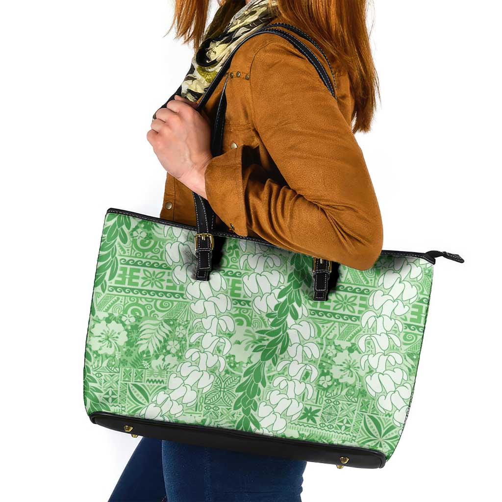 Green Puakenikeni and Maile Lei Leather Tote Bag Hawaiian Style Tribal Tapa Double Strand Lei LT9 Green - Polynesian Pride