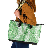Green Puakenikeni and Maile Lei Leather Tote Bag Hawaiian Style Tribal Tapa Double Strand Lei LT9 Green - Polynesian Pride