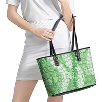 Green Puakenikeni and Maile Lei Leather Tote Bag Hawaiian Style Tribal Tapa Double Strand Lei LT9 - Polynesian Pride