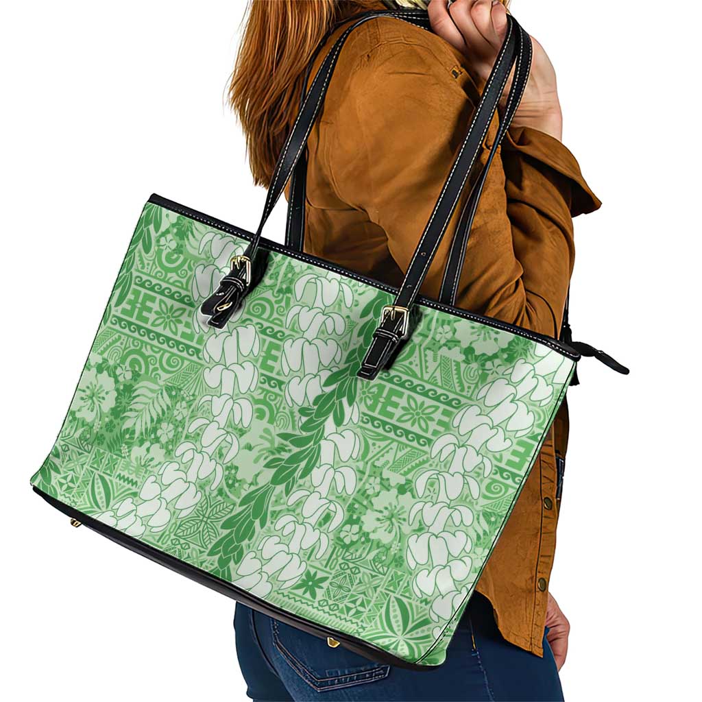 Green Puakenikeni and Maile Lei Leather Tote Bag Hawaiian Style Tribal Tapa Double Strand Lei LT9 - Polynesian Pride