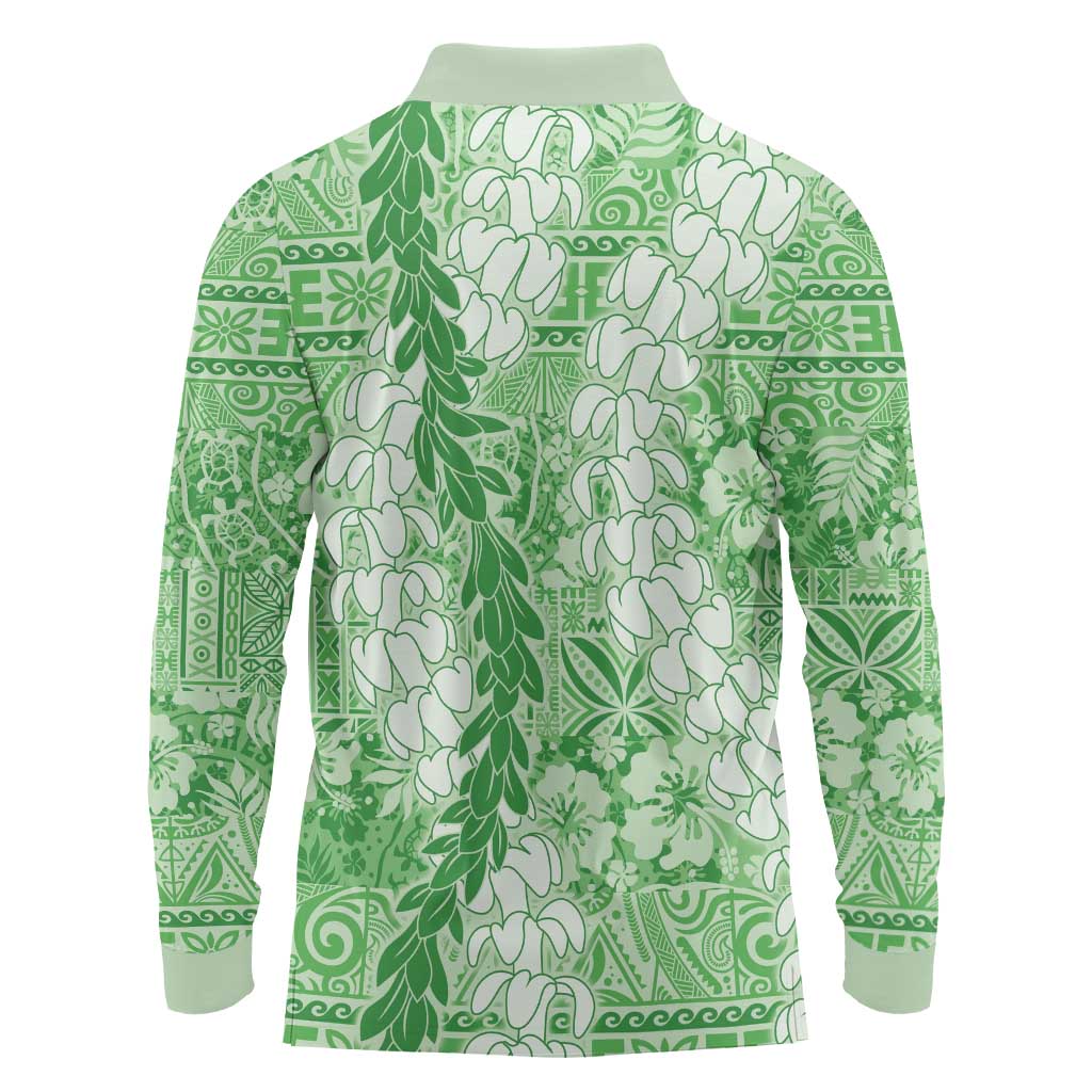Green Puakenikeni and Maile Lei Long Sleeve Polo Shirt Hawaiian Style Tribal Tapa Double Strand Lei