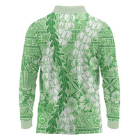 Green Puakenikeni and Maile Lei Long Sleeve Polo Shirt Hawaiian Style Tribal Tapa Double Strand Lei