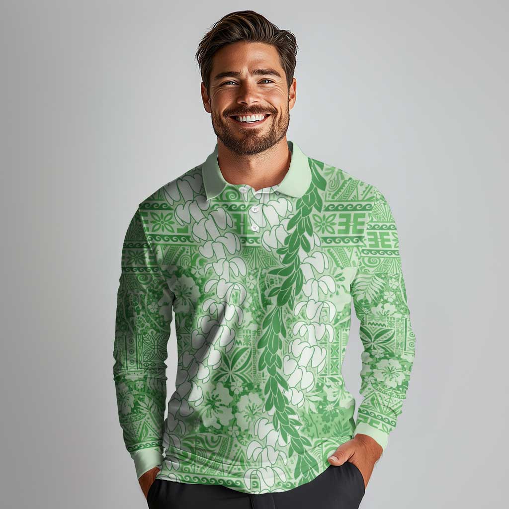 Green Puakenikeni and Maile Lei Long Sleeve Polo Shirt Hawaiian Style Tribal Tapa Double Strand Lei