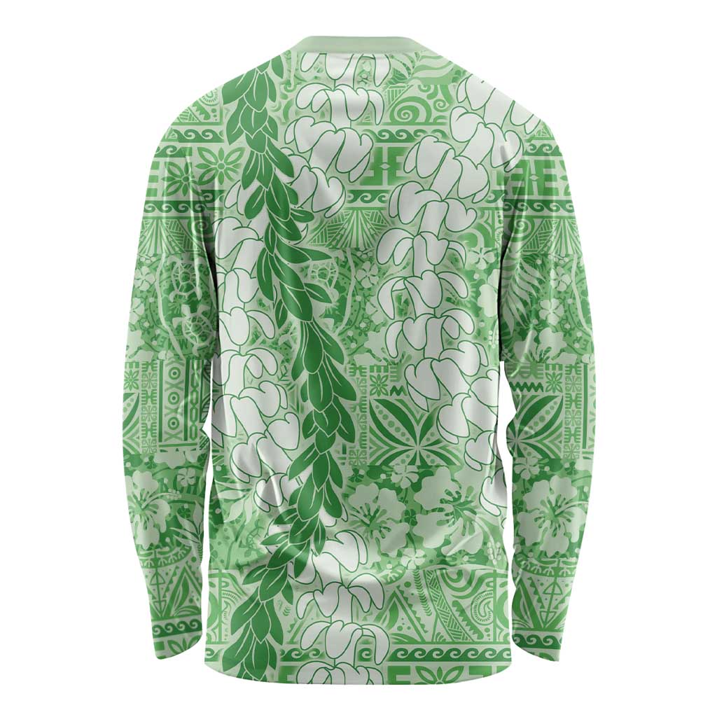 Green Puakenikeni and Maile Lei Long Sleeve Shirt Hawaiian Style Tribal Tapa Double Strand Lei LT9 - Polynesian Pride