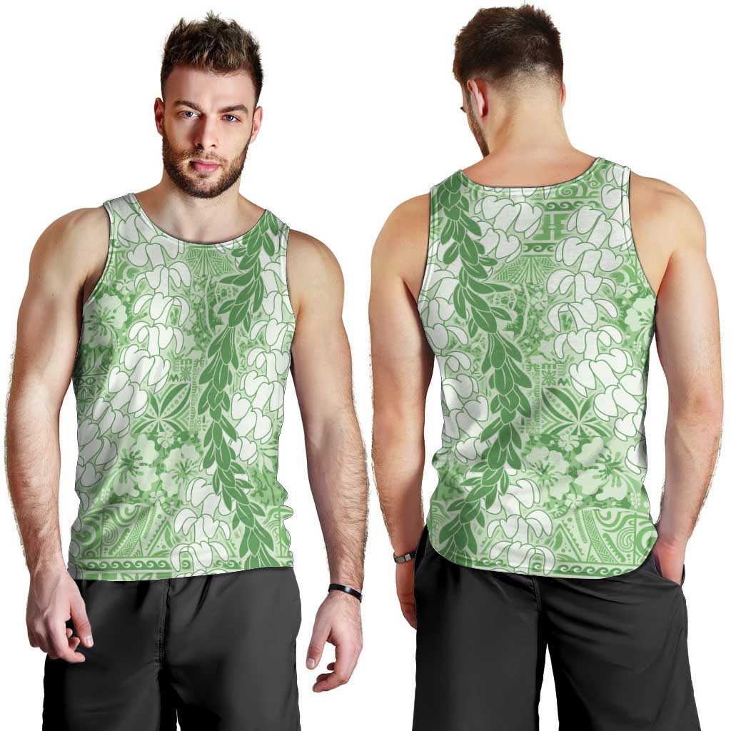 Green Puakenikeni and Maile Lei Men Tank Top Hawaiian Style Tribal Tapa Double Strand Lei LT9 - Polynesian Pride