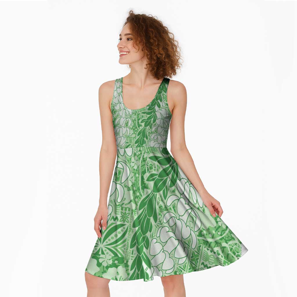 Green Puakenikeni and Maile Lei Midi Dress Hawaiian Style Tribal Tapa Double Strand Lei - Polynesian Pride